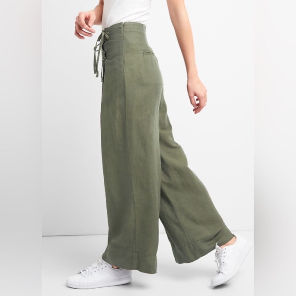 GAP Linen Blend Green High Rise Wide Leg Tie Front Utility Pants Size‎ 0 - Picture 2 of 9